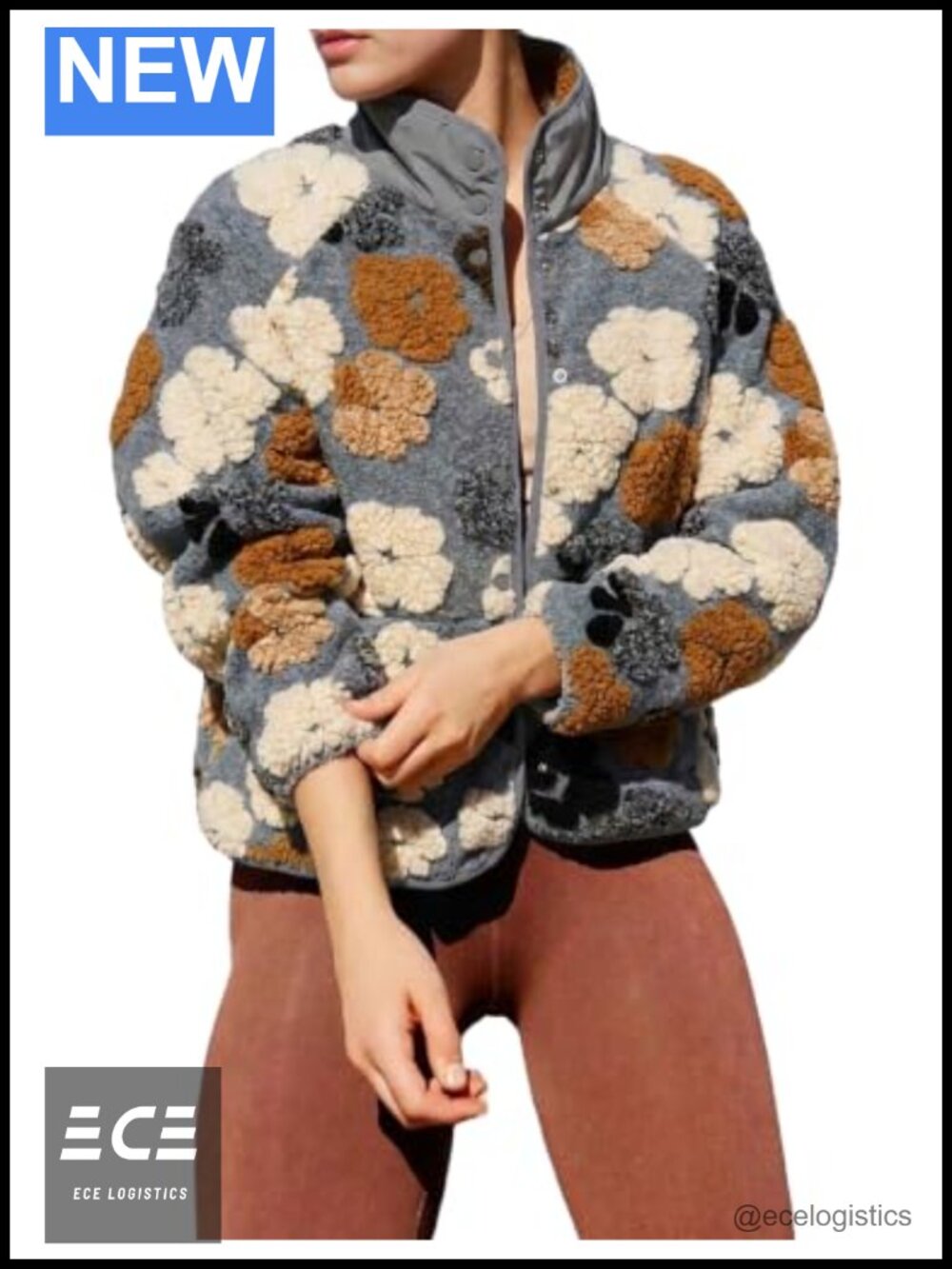 Floral Fleece Jacket Warm Button Down Sherpa Coat Fall